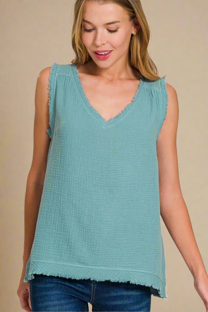 Zenana - Frayed V - Neck Sleeveless Top – Eucalyptus