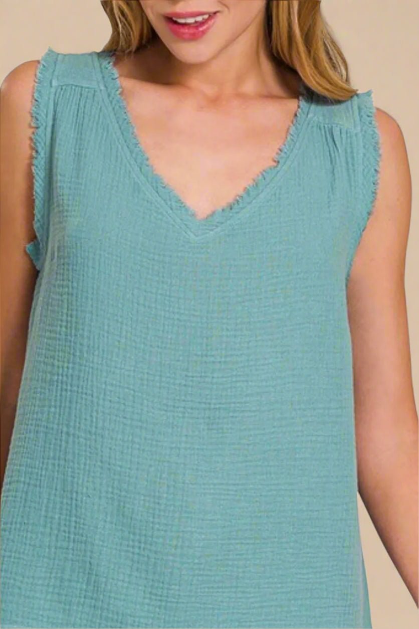 Zenana - Frayed V - Neck Sleeveless Top – Eucalyptus