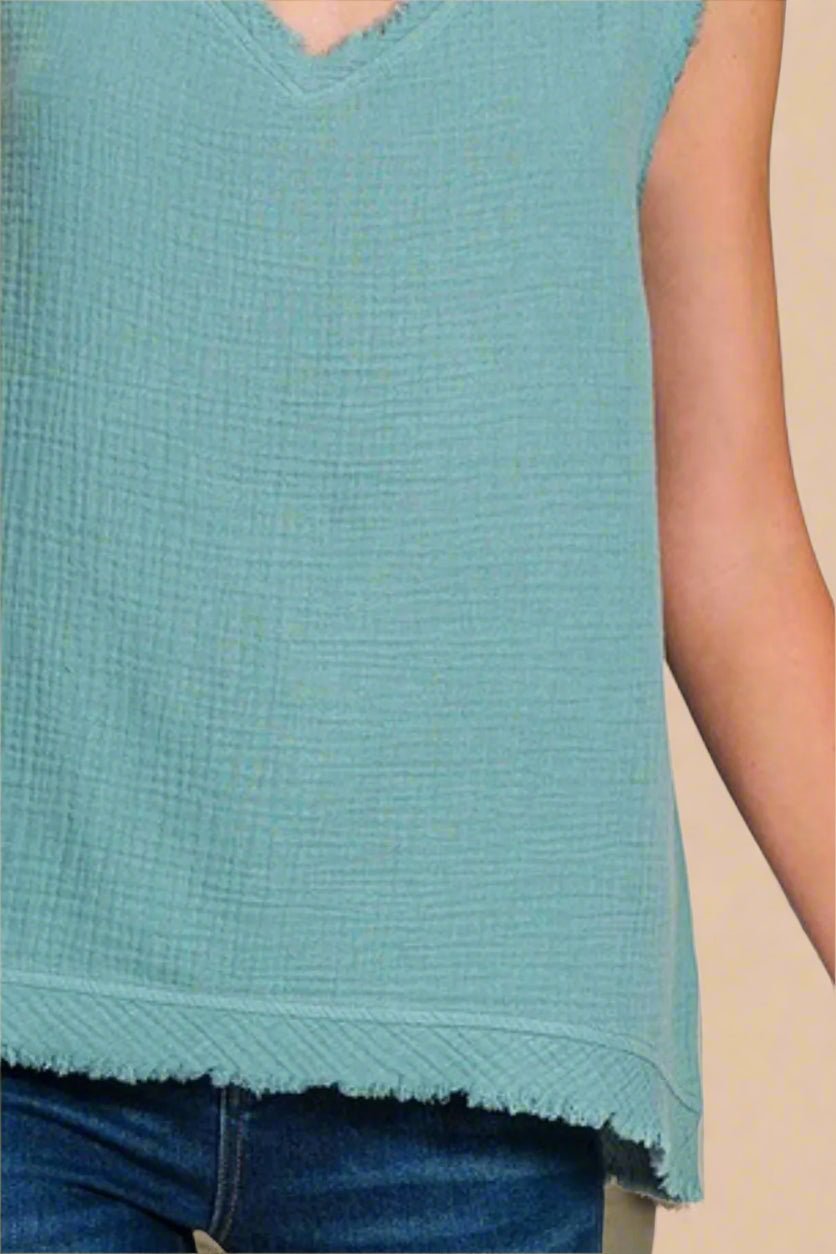 Zenana - Frayed V - Neck Sleeveless Top – Eucalyptus