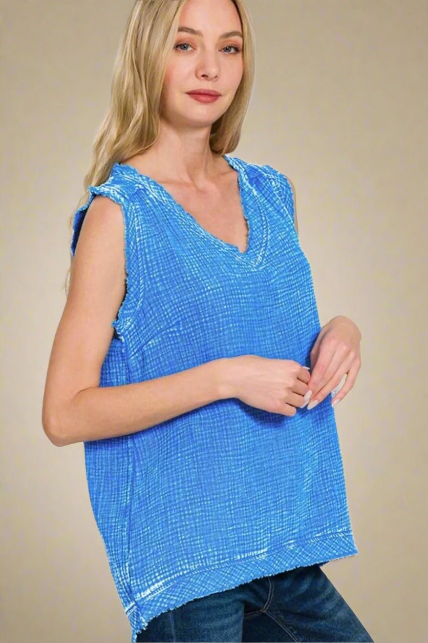 Zenana - Frayed V - Neck Sleeveless Top – Ocean Blue