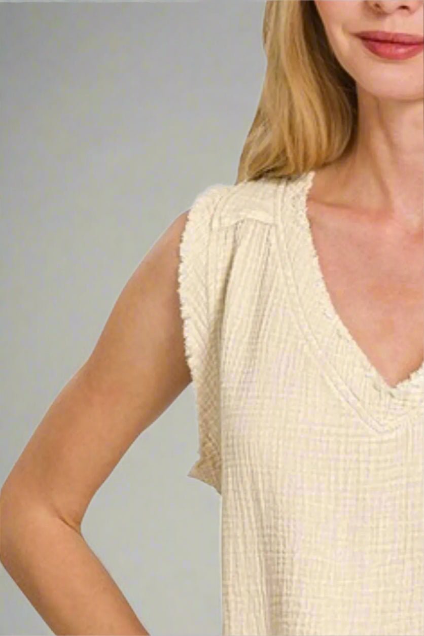 Zenana - Frayed V - Neck Sleeveless Top – Soft Sand
