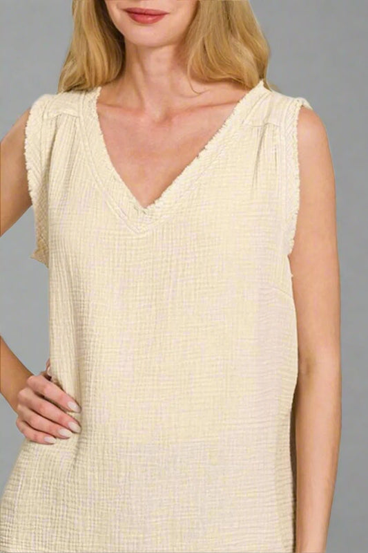 Zenana - Frayed V - Neck Sleeveless Top – Soft Sand