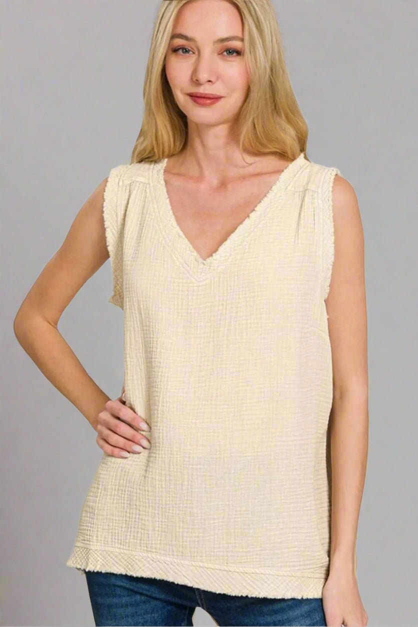 Zenana - Frayed V - Neck Sleeveless Top – Soft Sand