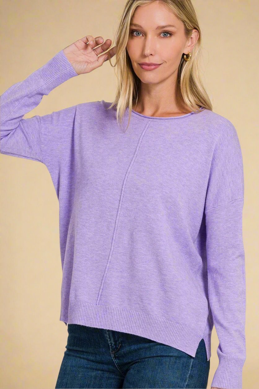 Zenana - Front Seam Sweater in Heather Lavender