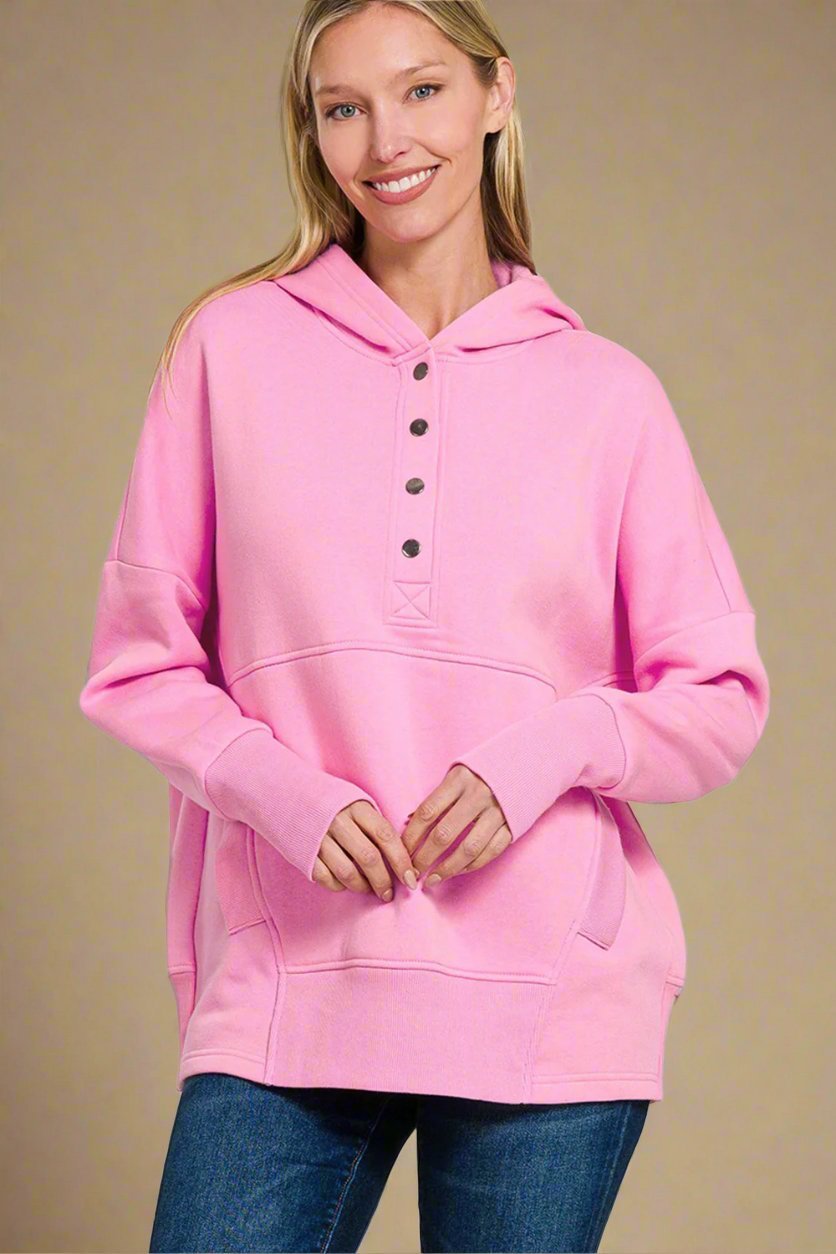 Zenana - Fuchsia Pink Half Snap Long Sleeve Hoodie