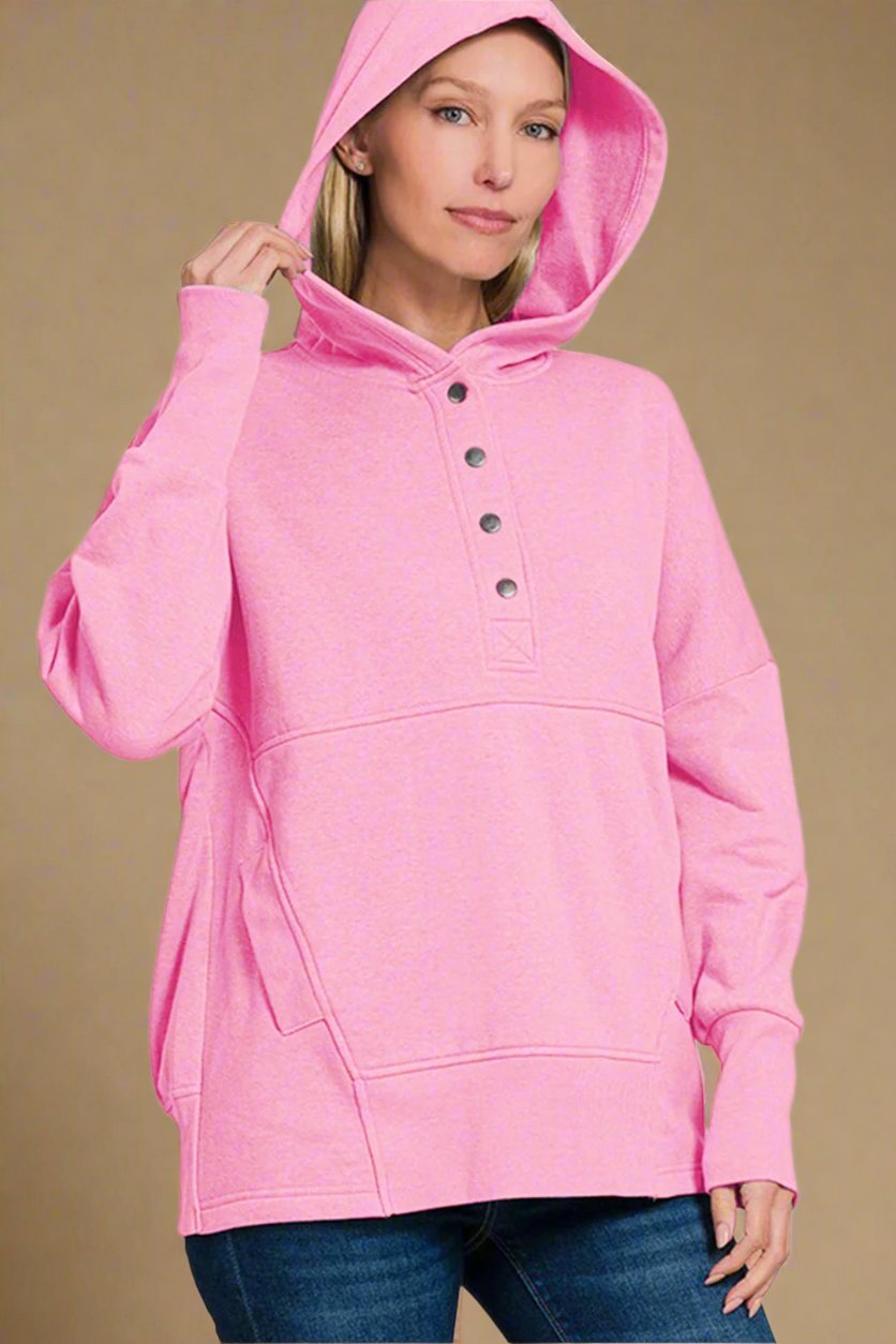 Zenana - Fuchsia Pink Half Snap Long Sleeve Hoodie