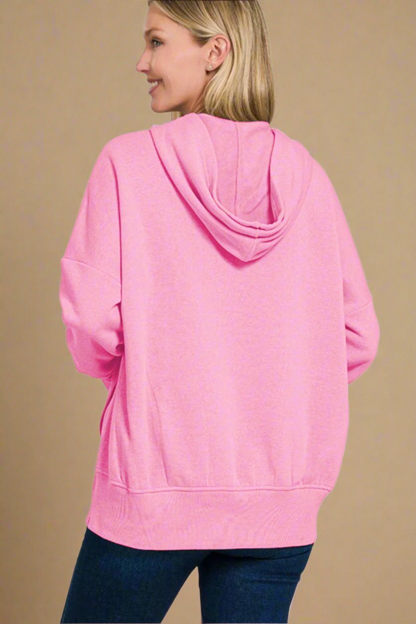 Zenana - Fuchsia Pink Half Snap Long Sleeve Hoodie