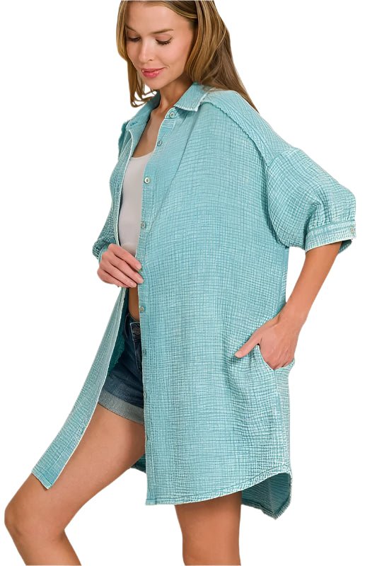 Zenana - Gauze Button - Down Mini Shirt Dress – Aqua Blue