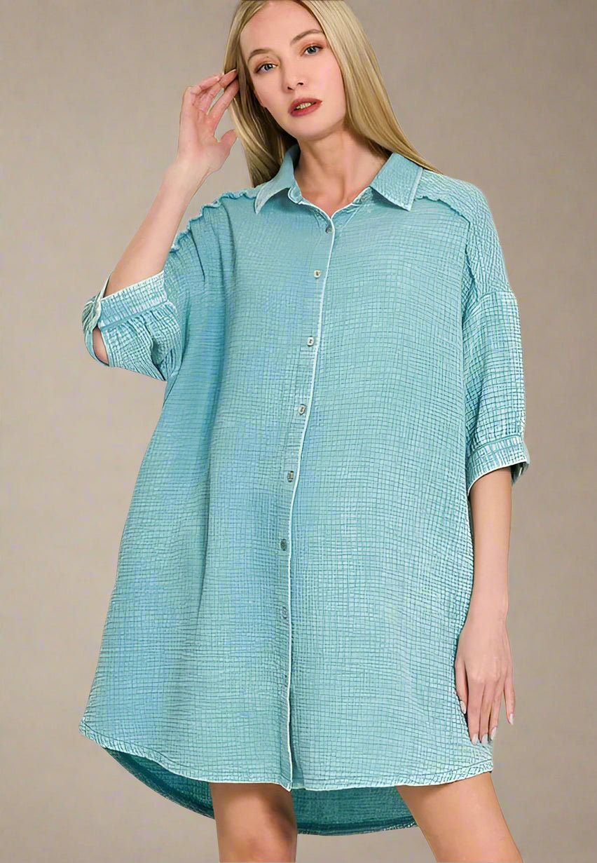 Zenana - Gauze Button - Down Mini Shirt Dress – Aqua Blue
