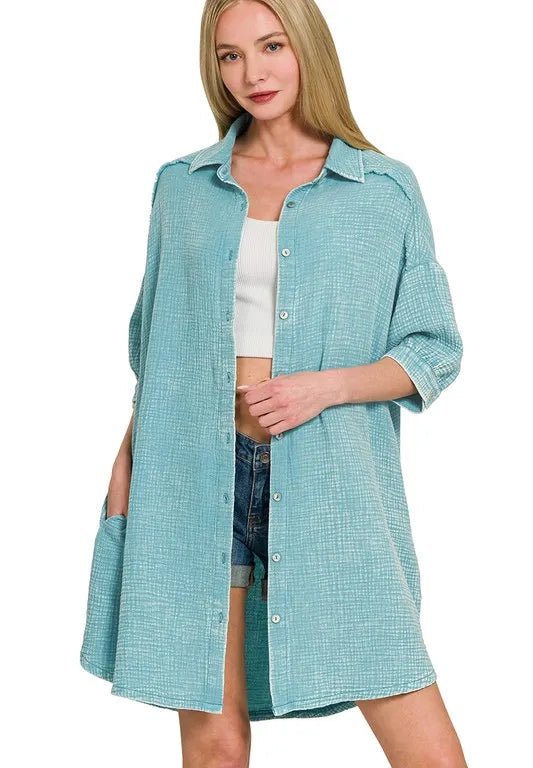 Zenana - Gauze Button - Down Mini Shirt Dress – Aqua Blue