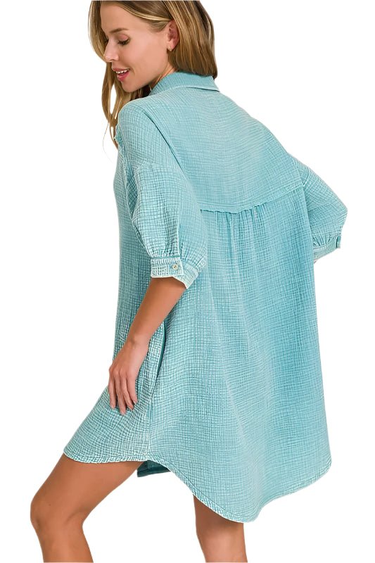 Zenana - Gauze Button - Down Mini Shirt Dress – Aqua Blue