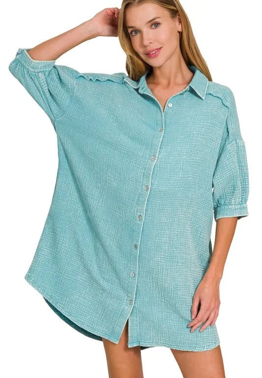 Zenana - Gauze Button - Down Mini Shirt Dress – Aqua Blue