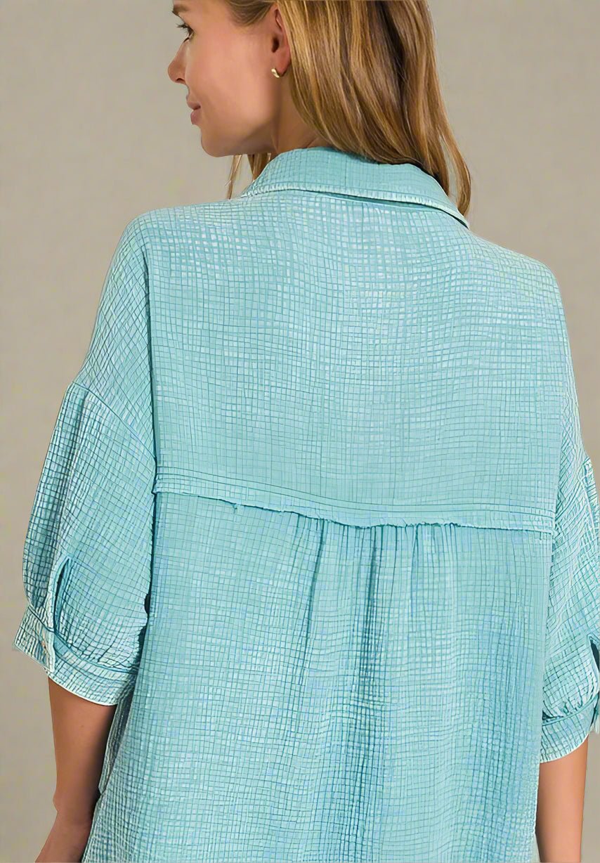 Zenana - Gauze Button - Down Mini Shirt Dress – Aqua Blue