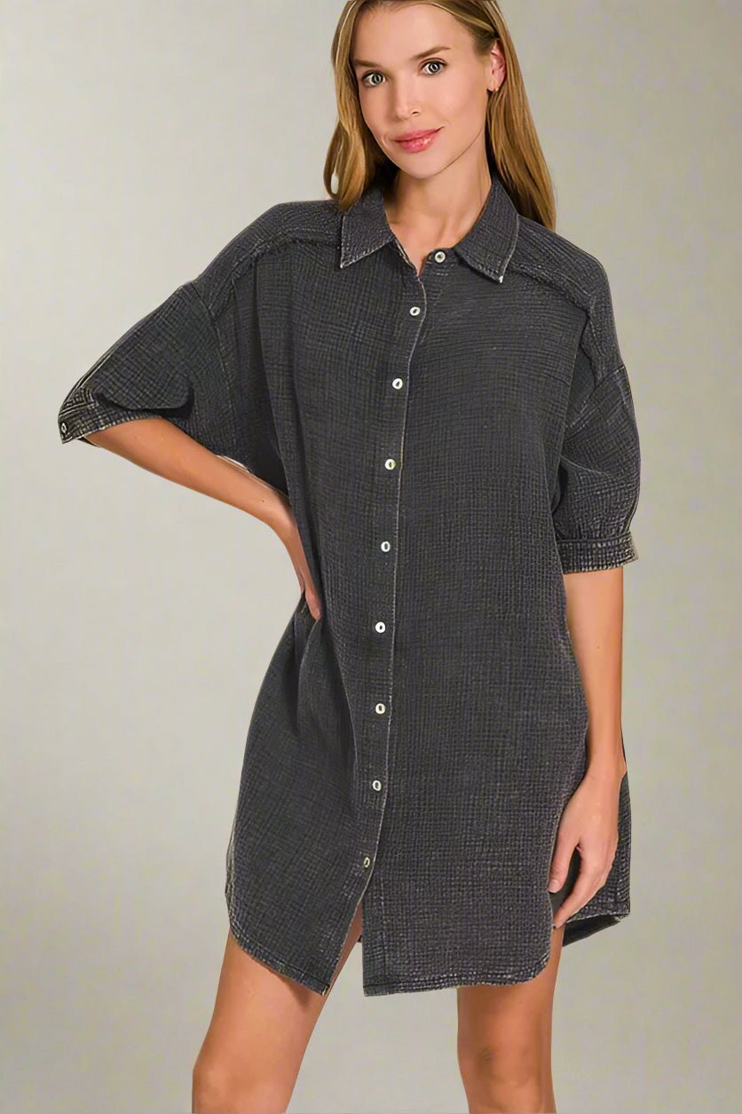 Zenana - Gauze Button - Down Mini Shirt Dress – Black Charcoal