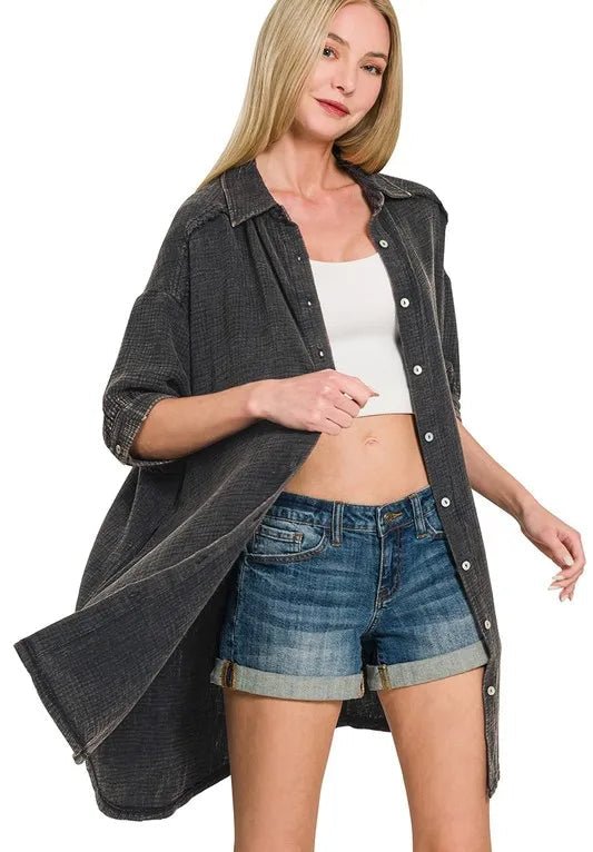 Zenana - Gauze Button - Down Mini Shirt Dress – Black Charcoal