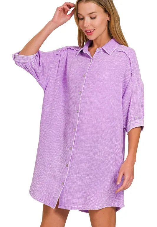 Zenana - Gauze Button - Down Mini Shirt Dress – Lilac