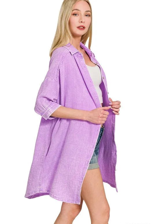 Zenana - Gauze Button - Down Mini Shirt Dress – Lilac