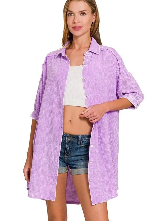 Zenana - Gauze Button - Down Mini Shirt Dress – Lilac