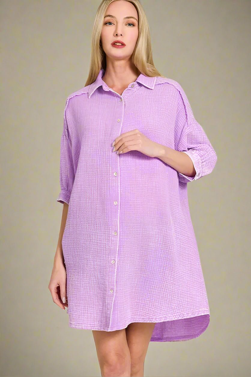 Zenana - Gauze Button - Down Mini Shirt Dress – Lilac