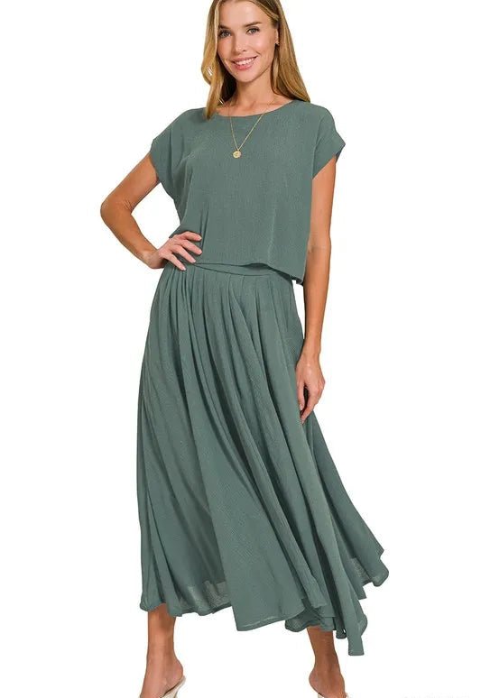 Zenana - Gauze Crop Top and Maxi Skirt Set – Dusty Olive