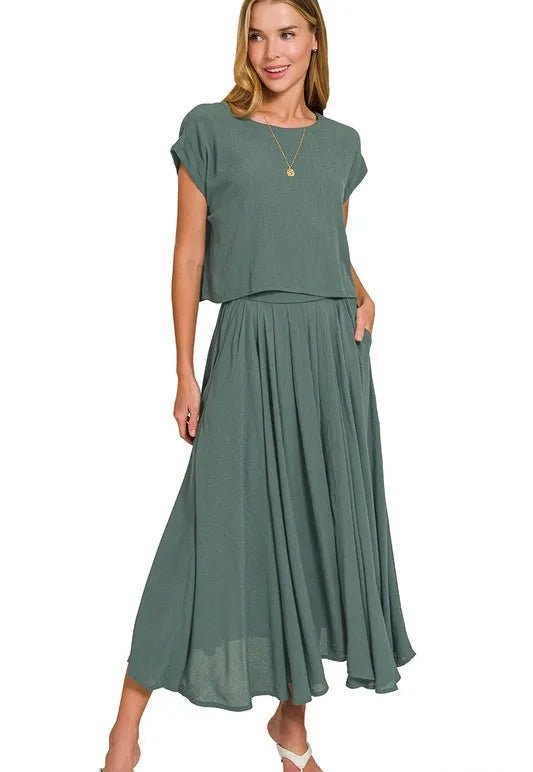 Zenana - Gauze Crop Top and Maxi Skirt Set – Dusty Olive