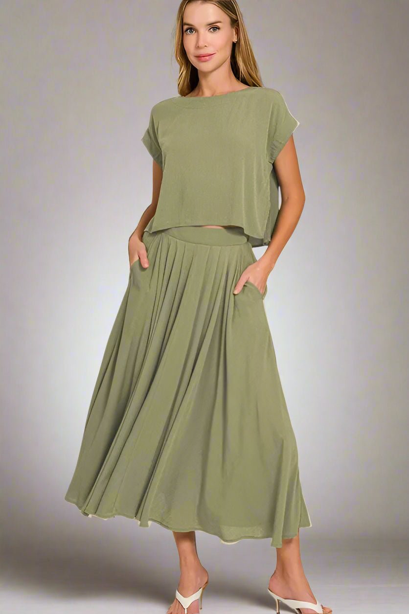 Zenana - Gauze Crop Top and Maxi Skirt Set – Soft Moss