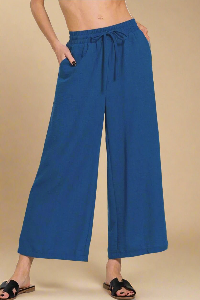 Zenana - Gauze Wide Leg Pants in Cobalt Blue