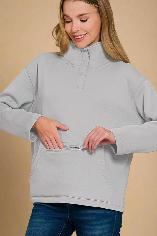 Zenana - Gray Half Snap Fleece Sweatshirt