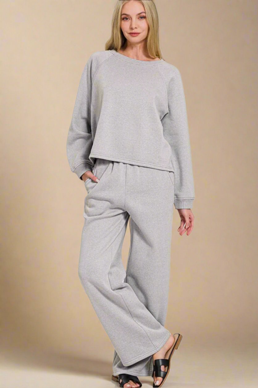 Zenana - Gray Long Sleeve Top and Elastic Waist Pants Set