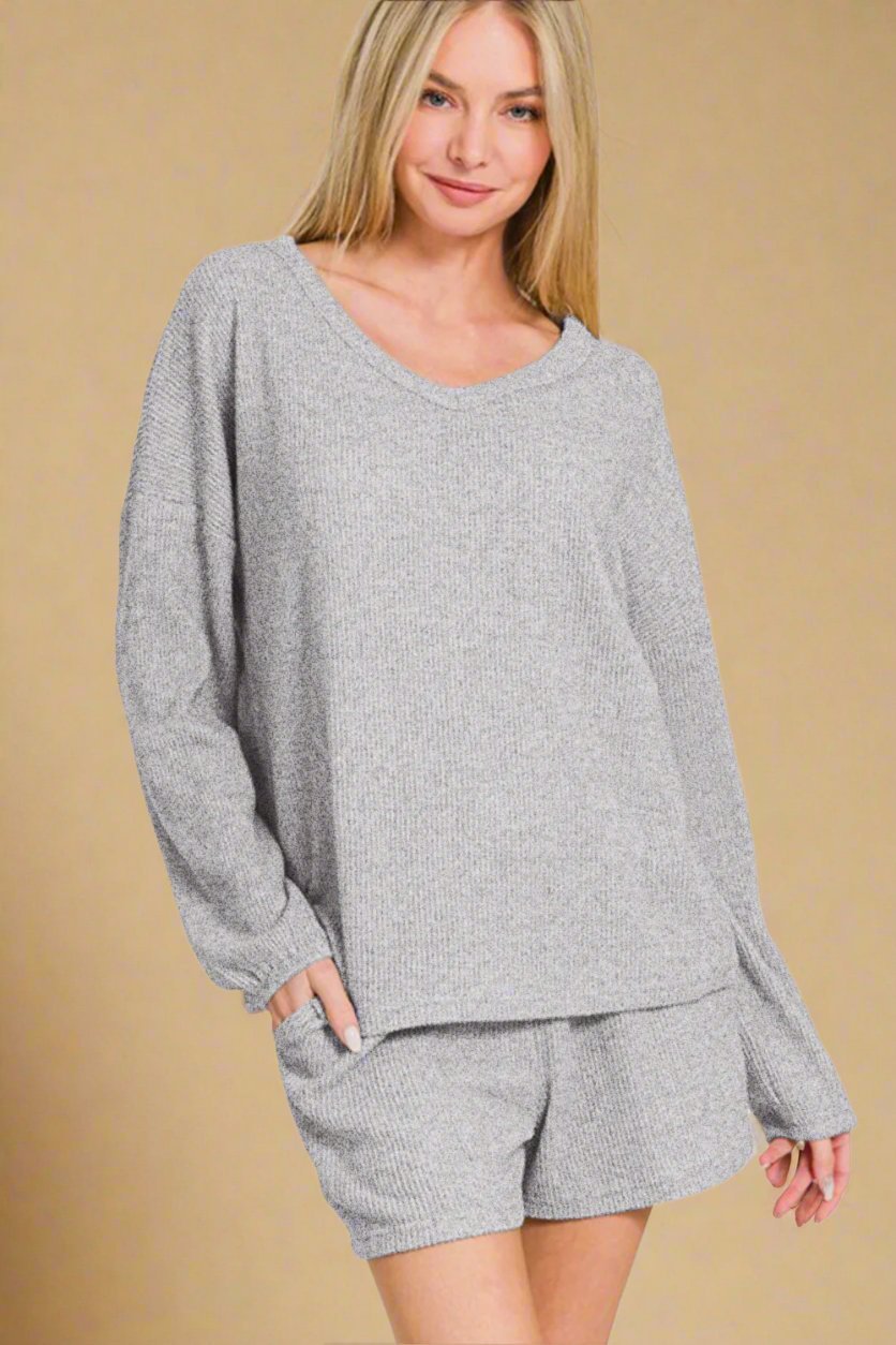 Zenana - Gray Long Sleeve Top and Shorts Set