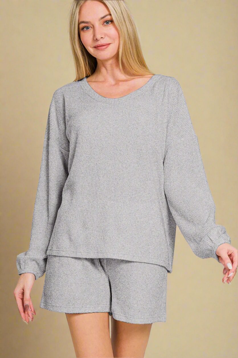 Zenana - Gray Long Sleeve Top and Shorts Set