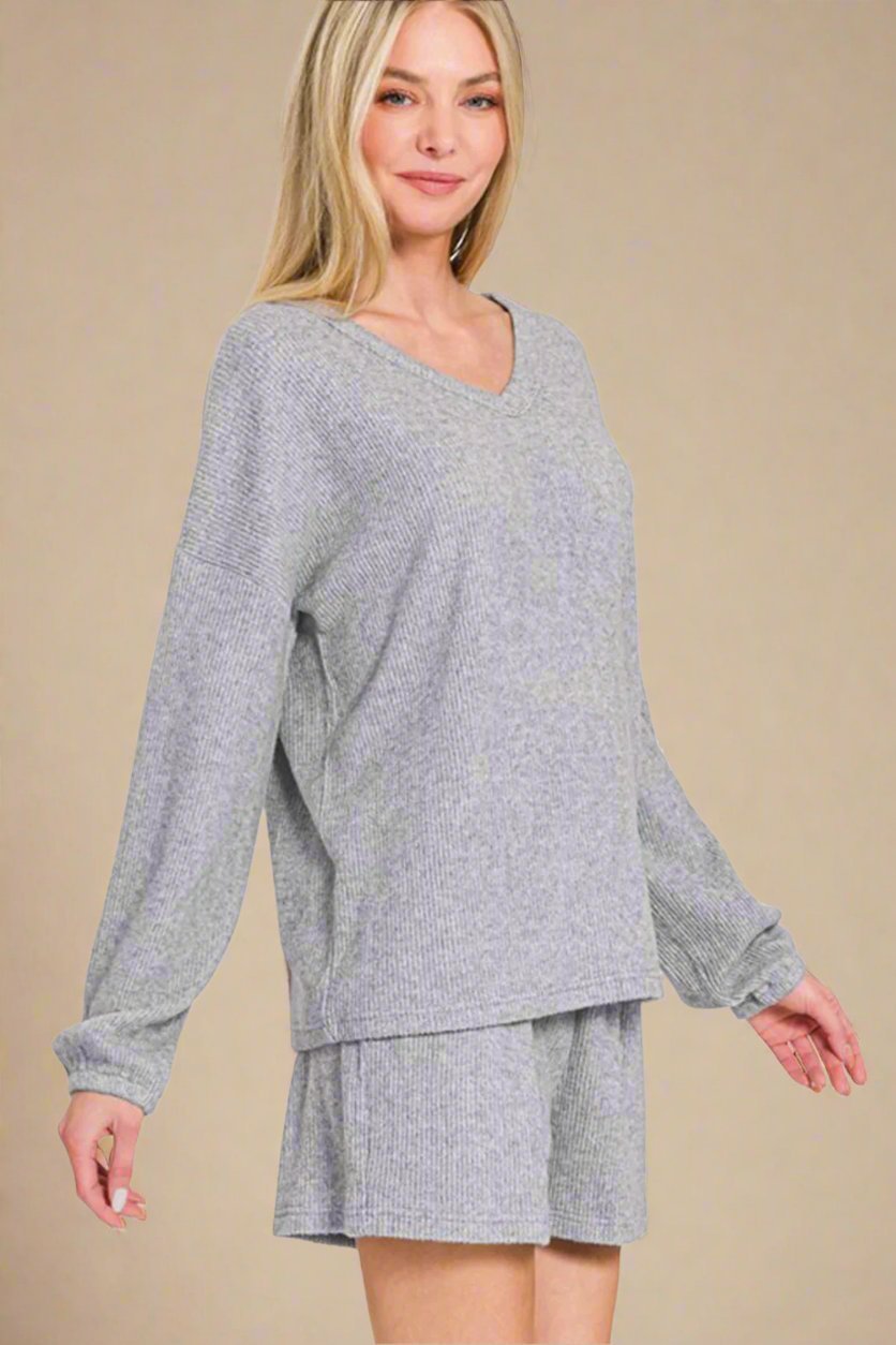 Zenana - Gray Long Sleeve Top and Shorts Set