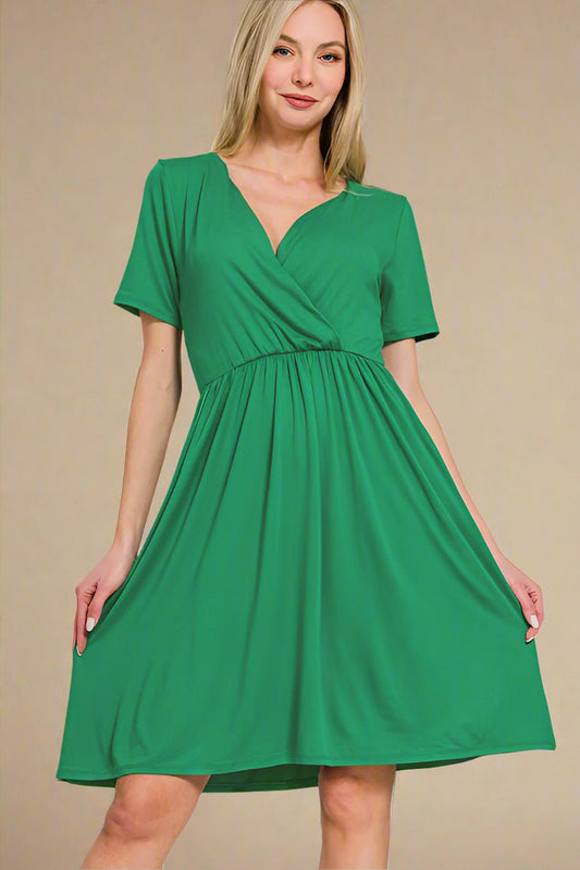 Zenana - Green Short Sleeve Mini Faux Wrap Dress