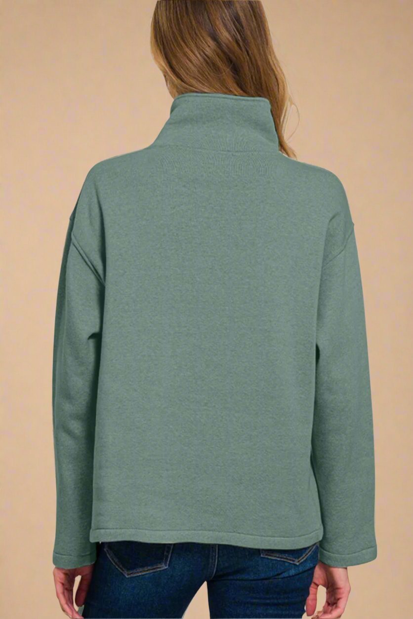 Zenana - Half Snap Fleece Sweatshirt in Ash Jade