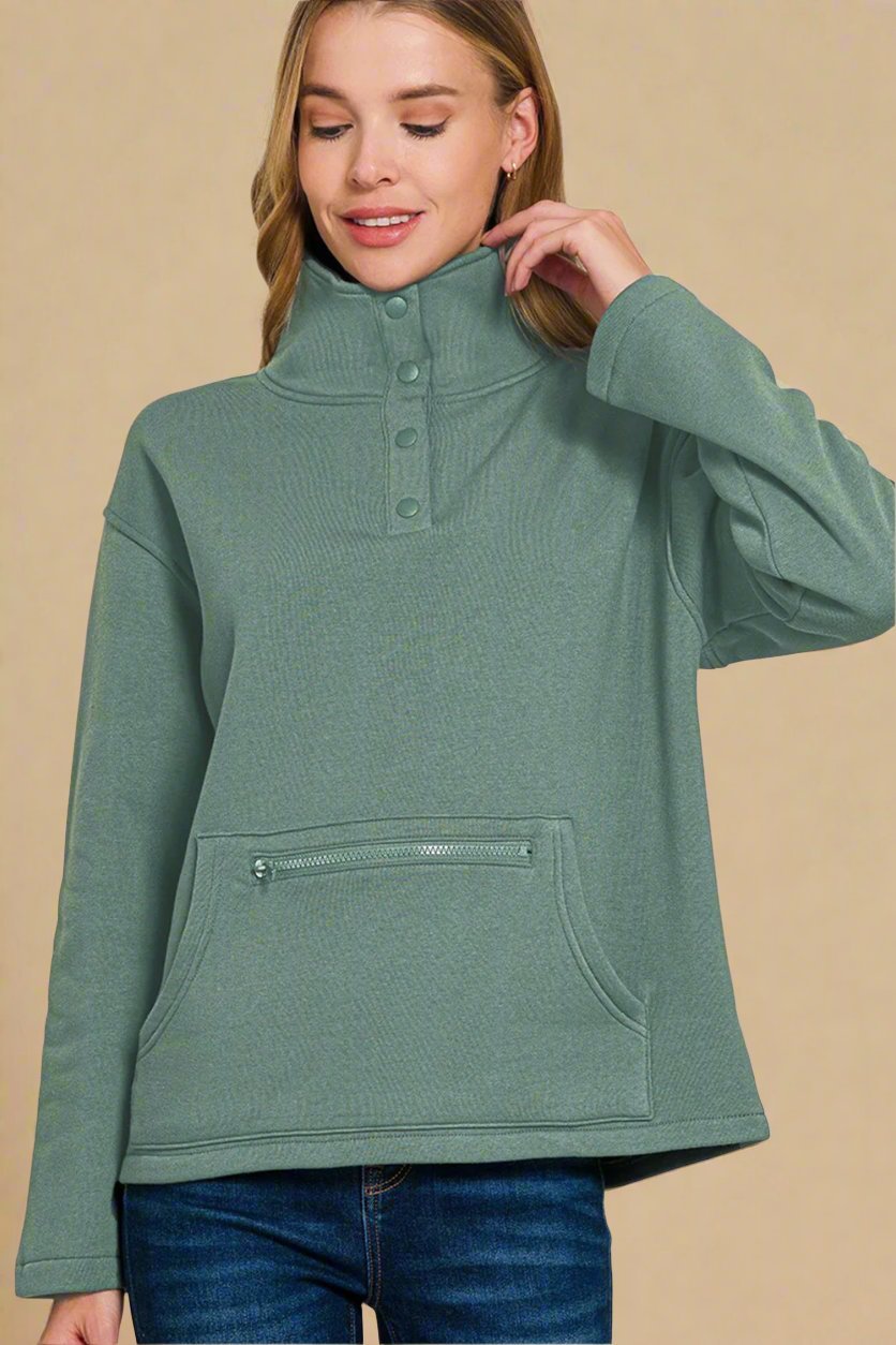 Zenana - Half Snap Fleece Sweatshirt in Ash Jade