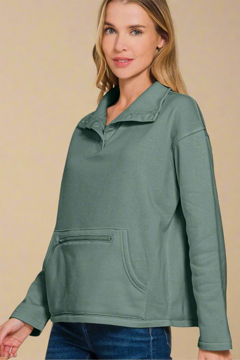 Zenana - Half Snap Fleece Sweatshirt in Ash Jade