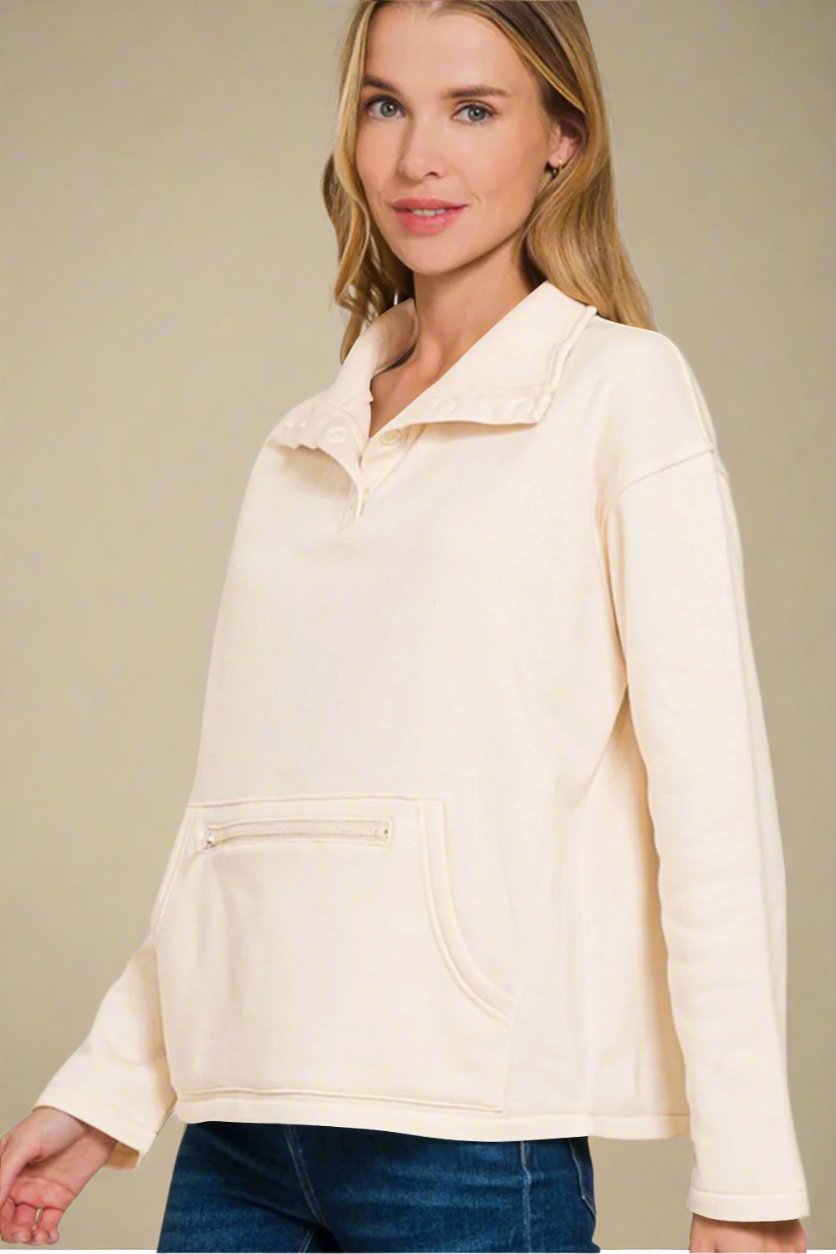 Zenana - Half Snap Fleece Sweatshirt in Cream