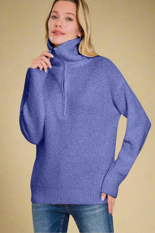 Zenana - Half Zip Long Sleeve Sweater in Marlin