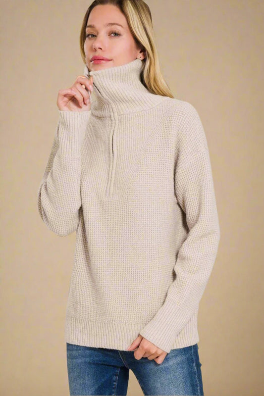 Zenana - Half Zip Long Sleeve Sweater in Mocha