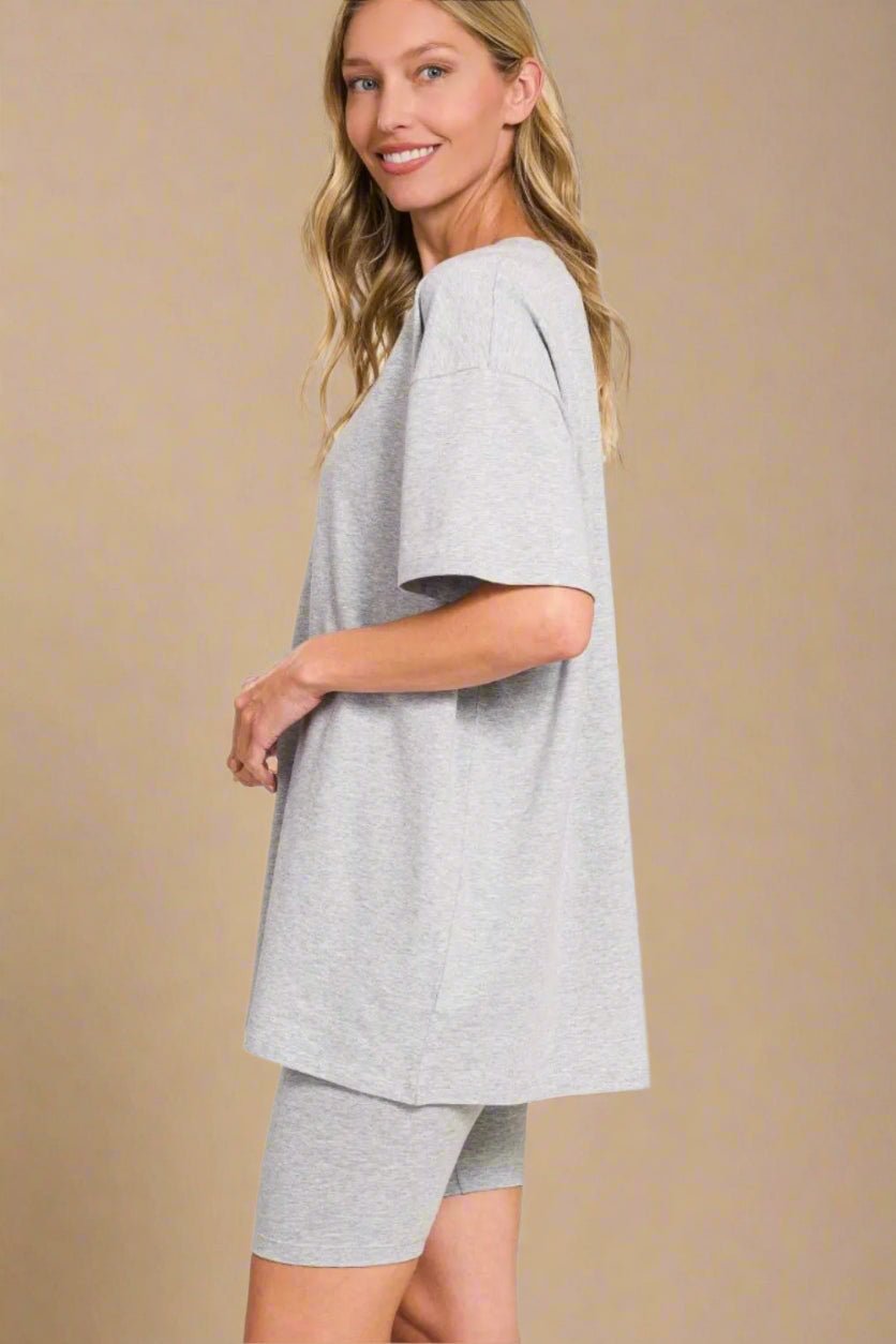 Zenana - Heather Gray Oversized Tee & Biker Shorts Set
