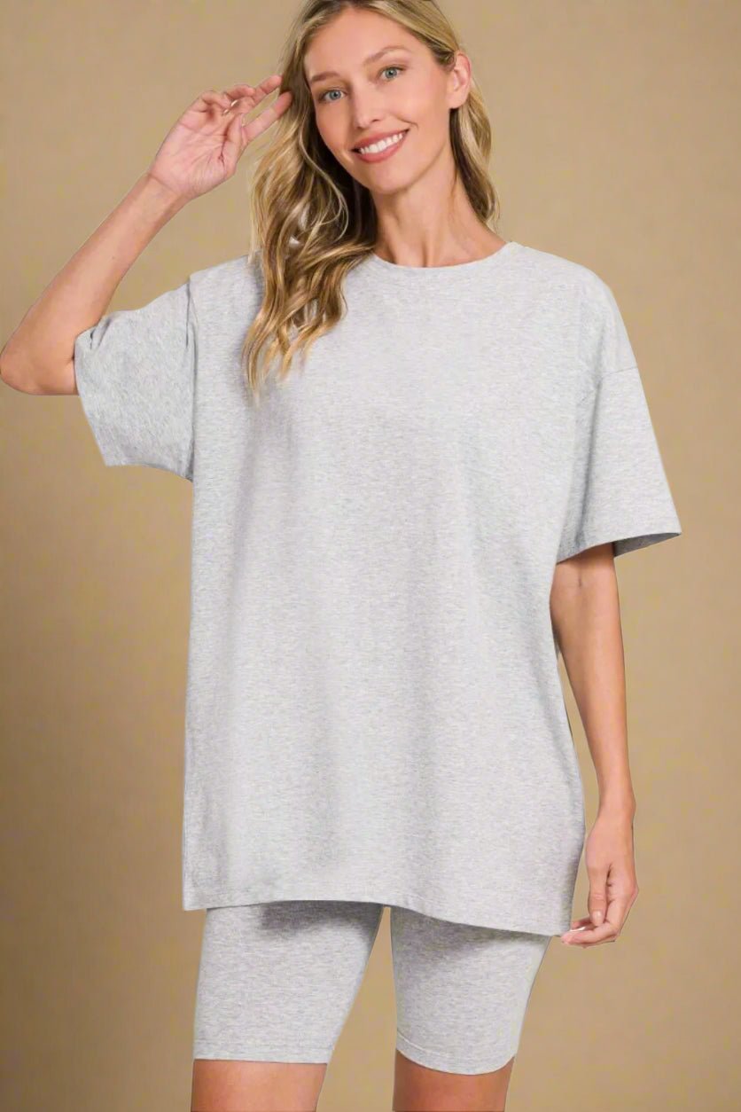 Zenana - Heather Gray Oversized Tee & Biker Shorts Set