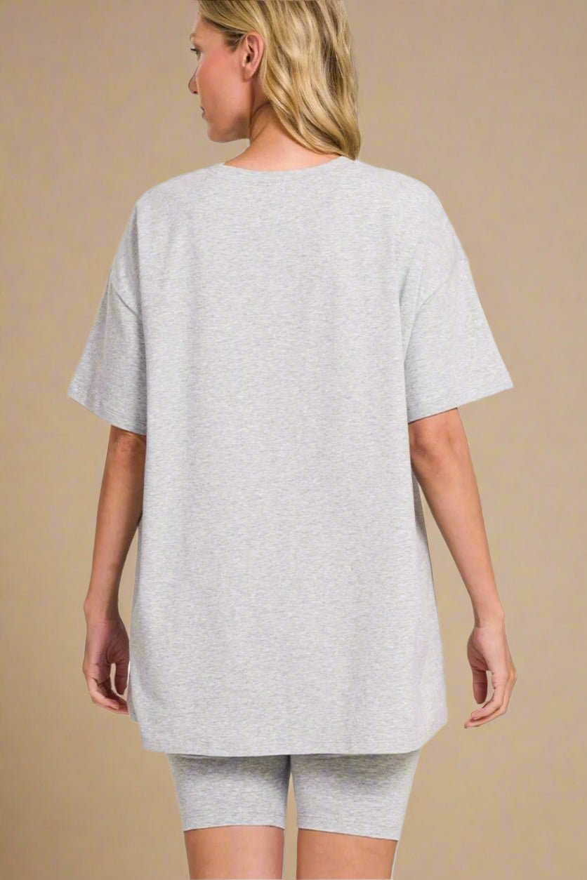 Zenana - Heather Gray Oversized Tee & Biker Shorts Set