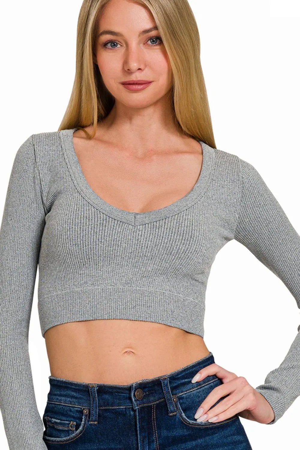 Zenana - Heather Gray Rib Knit V - Neck Long Sleeve Crop Top