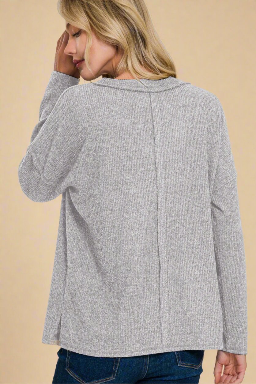 Zenana - Heather Grey Rib Knit V - Neck Top