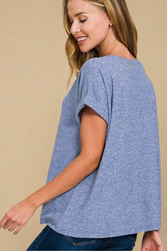 Zenana - Heather Navy V - Neck Rolled Sleeve Top