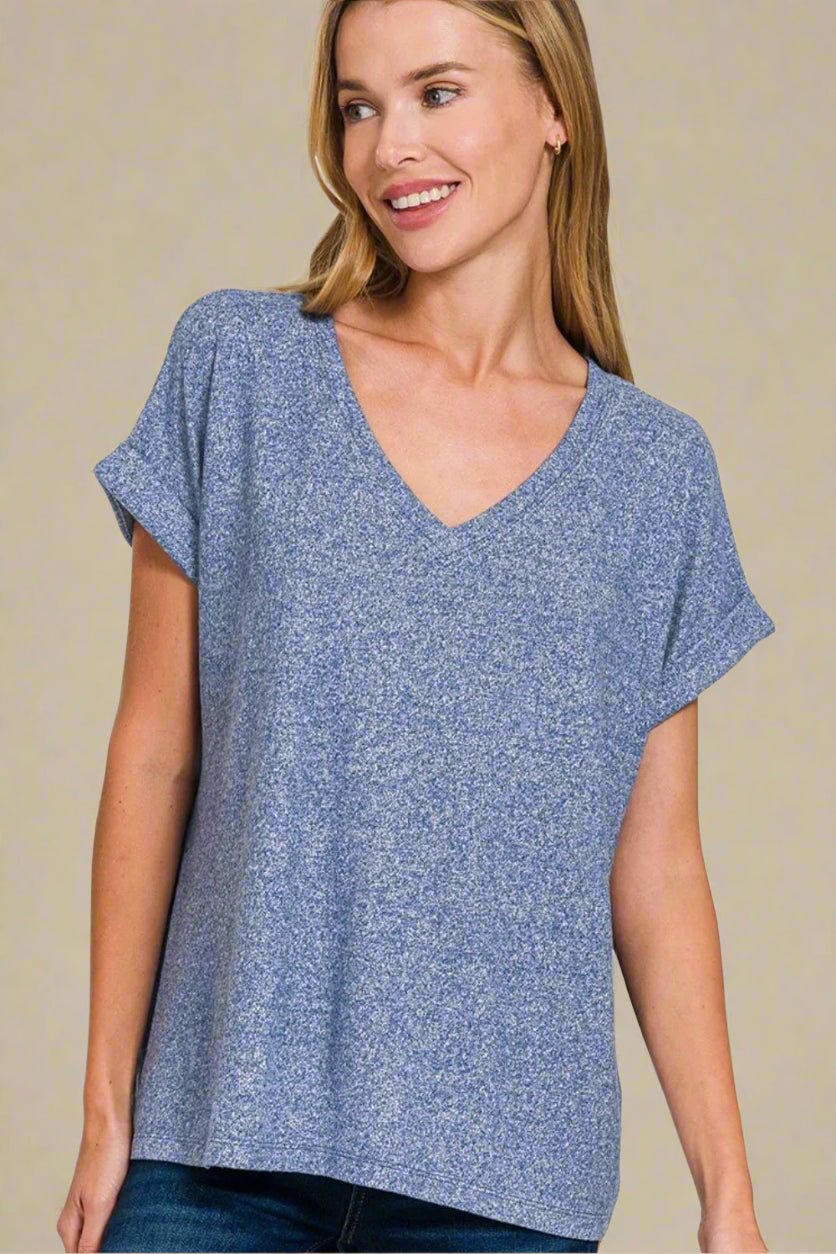 Zenana - Heather Navy V - Neck Rolled Sleeve Top