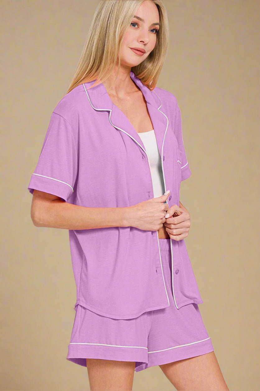 Zenana - Heliotrope Purple Button Down Top & Shorts Lounge Set