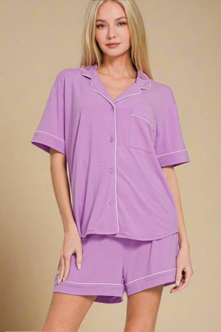 Zenana - Heliotrope Purple Button Down Top & Shorts Lounge Set