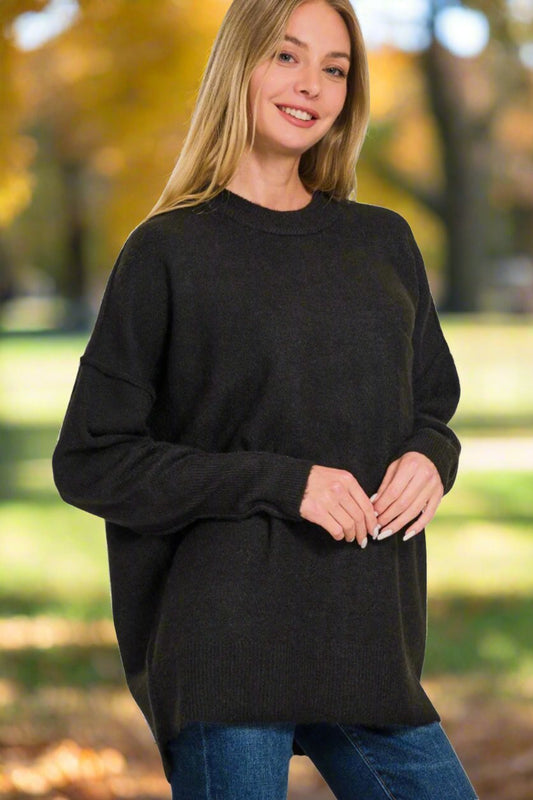 Zenana - High - Low Hem Drop Shoulder Sweater in Black