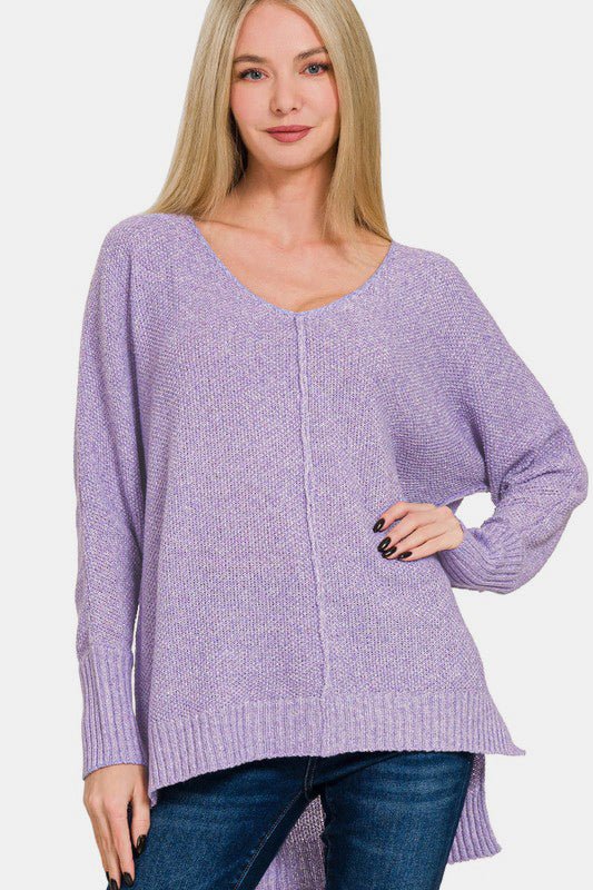 Zenana - High - Low Hem V - Neck Sweater in Lavender